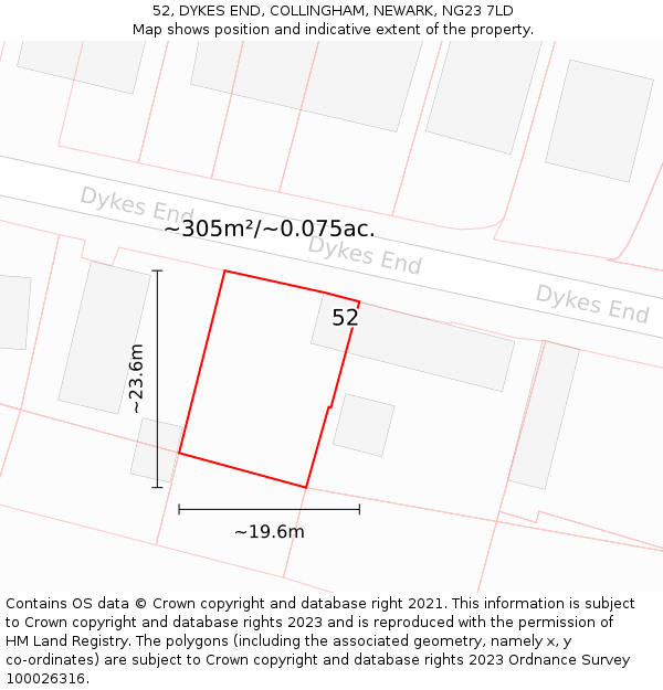 52, DYKES END, COLLINGHAM, NEWARK, NG23 7LD: Plot and title map