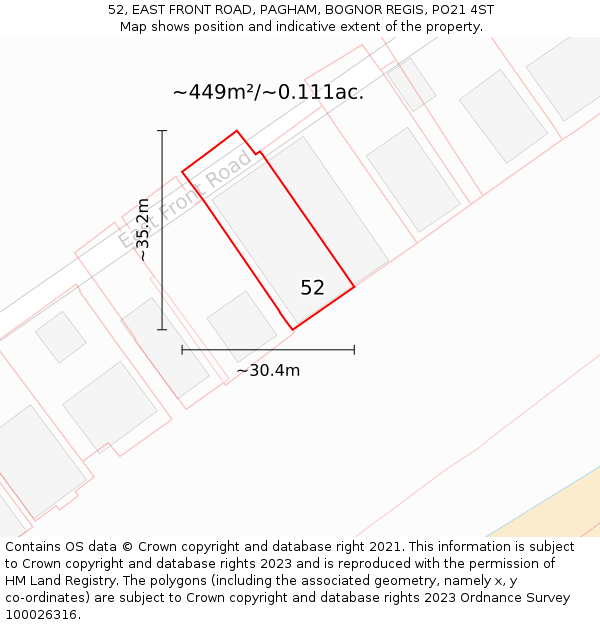 52, EAST FRONT ROAD, PAGHAM, BOGNOR REGIS, PO21 4ST: Plot and title map