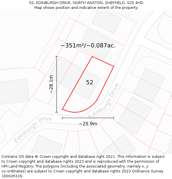 52, EDINBURGH DRIVE, NORTH ANSTON, SHEFFIELD, S25 4HD: Plot and title map