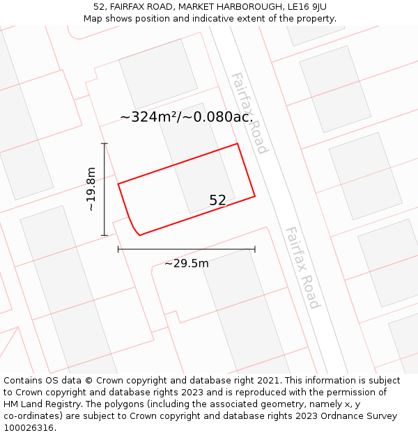 52, FAIRFAX ROAD, MARKET HARBOROUGH, LE16 9JU: Plot and title map