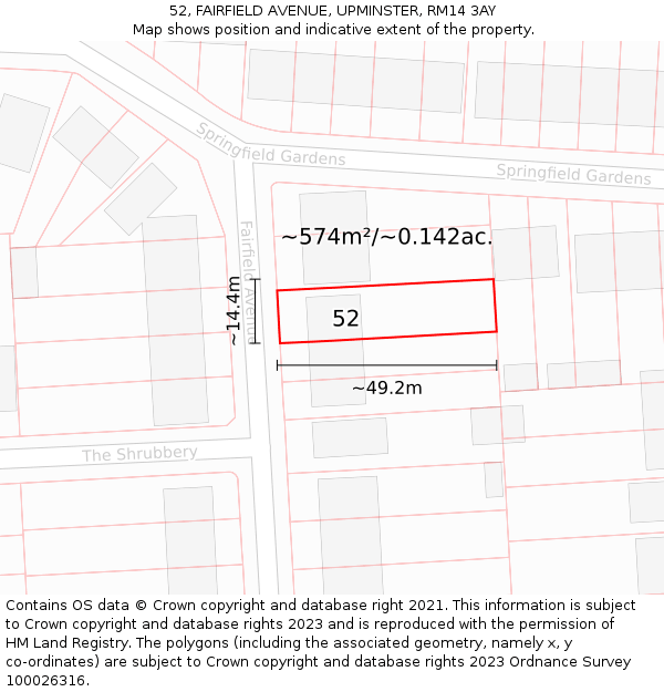 52, FAIRFIELD AVENUE, UPMINSTER, RM14 3AY: Plot and title map