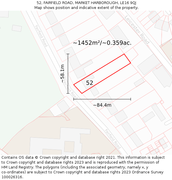 52, FAIRFIELD ROAD, MARKET HARBOROUGH, LE16 9QJ: Plot and title map