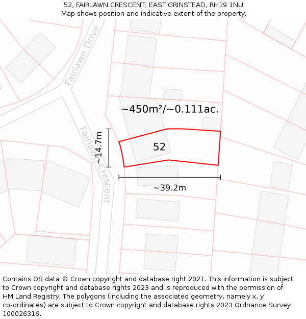 52, FAIRLAWN CRESCENT, EAST GRINSTEAD, RH19 1NU: Plot and title map