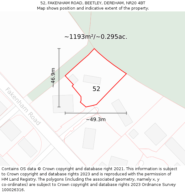 52, FAKENHAM ROAD, BEETLEY, DEREHAM, NR20 4BT: Plot and title map