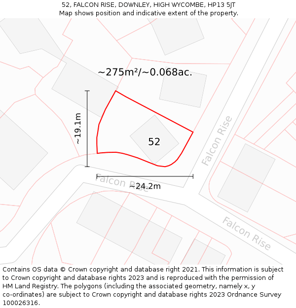 52, FALCON RISE, DOWNLEY, HIGH WYCOMBE, HP13 5JT: Plot and title map