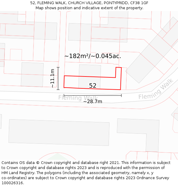 52, FLEMING WALK, CHURCH VILLAGE, PONTYPRIDD, CF38 1GF: Plot and title map