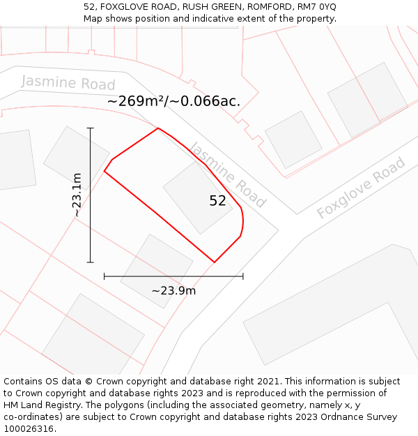 52, FOXGLOVE ROAD, RUSH GREEN, ROMFORD, RM7 0YQ: Plot and title map