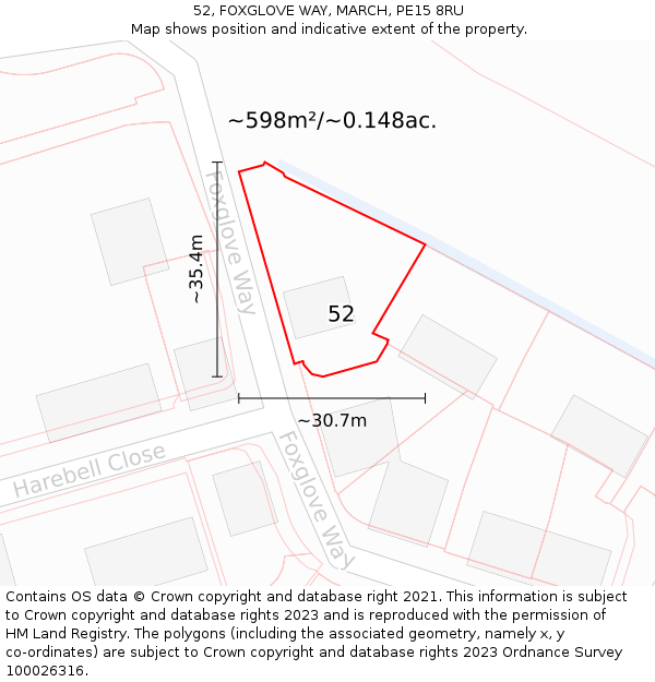 52, FOXGLOVE WAY, MARCH, PE15 8RU: Plot and title map