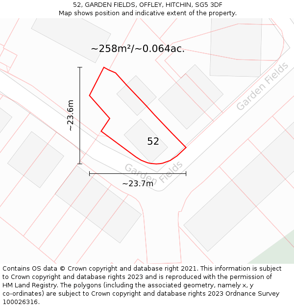 52, GARDEN FIELDS, OFFLEY, HITCHIN, SG5 3DF: Plot and title map
