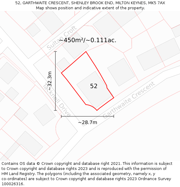 52, GARTHWAITE CRESCENT, SHENLEY BROOK END, MILTON KEYNES, MK5 7AX: Plot and title map