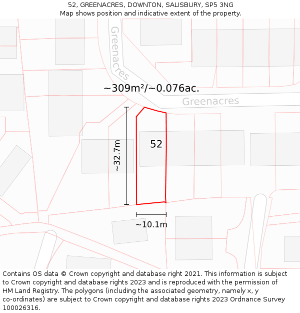 52, GREENACRES, DOWNTON, SALISBURY, SP5 3NG: Plot and title map