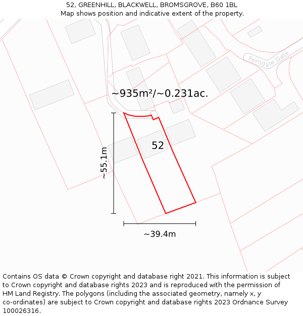 52, GREENHILL, BLACKWELL, BROMSGROVE, B60 1BL: Plot and title map