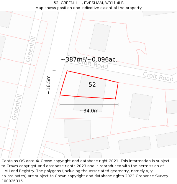 52, GREENHILL, EVESHAM, WR11 4LR: Plot and title map