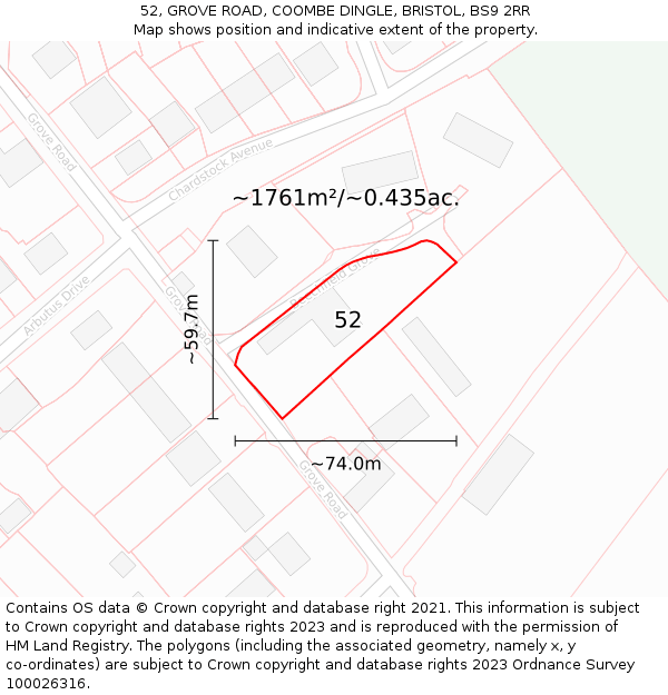 52, GROVE ROAD, COOMBE DINGLE, BRISTOL, BS9 2RR: Plot and title map