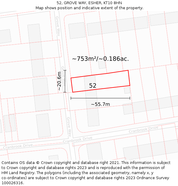 52, GROVE WAY, ESHER, KT10 8HN: Plot and title map