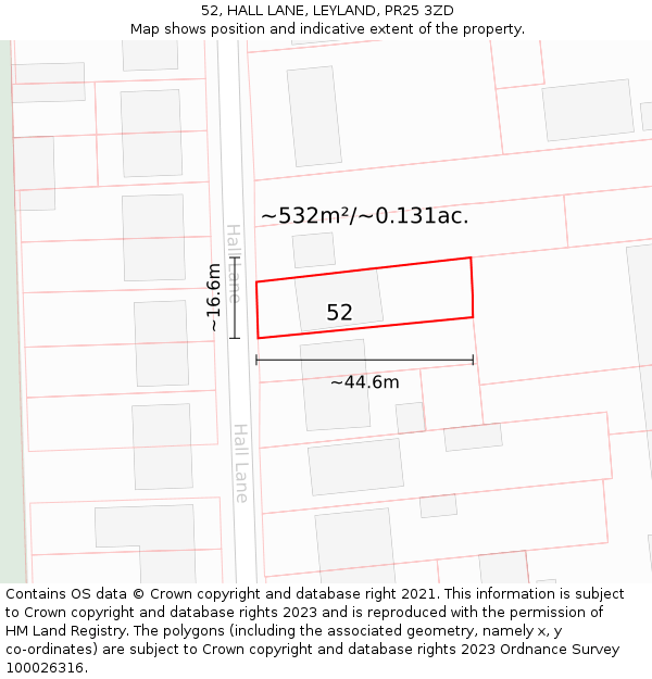 52, HALL LANE, LEYLAND, PR25 3ZD: Plot and title map