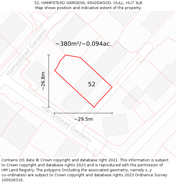 52, HAMPSTEAD GARDENS, KINGSWOOD, HULL, HU7 3LB: Plot and title map