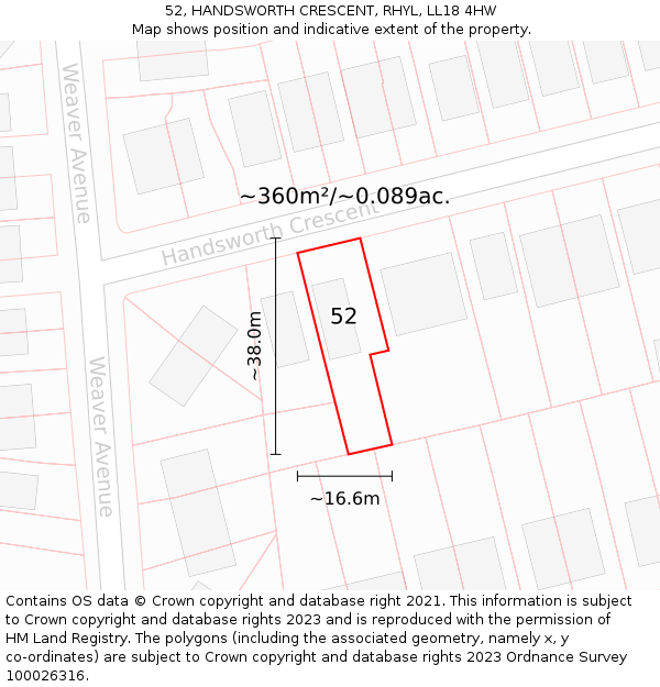 52, HANDSWORTH CRESCENT, RHYL, LL18 4HW: Plot and title map