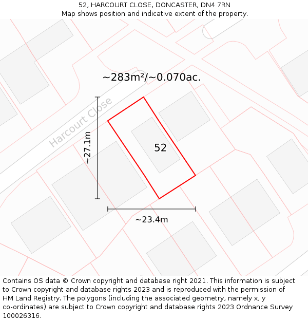 52, HARCOURT CLOSE, DONCASTER, DN4 7RN: Plot and title map