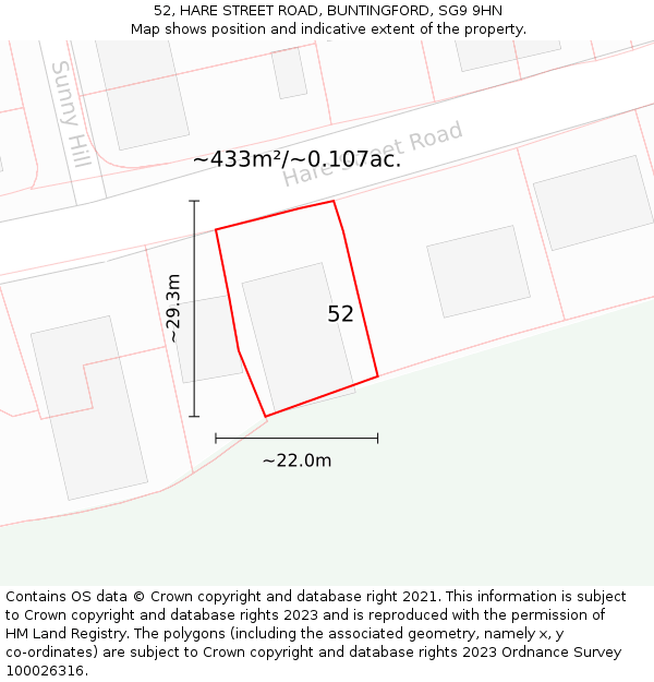 52, HARE STREET ROAD, BUNTINGFORD, SG9 9HN: Plot and title map