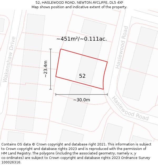 52, HASLEWOOD ROAD, NEWTON AYCLIFFE, DL5 4XF: Plot and title map