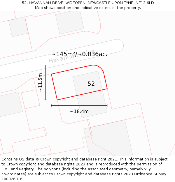 52, HAVANNAH DRIVE, WIDEOPEN, NEWCASTLE UPON TYNE, NE13 6LD: Plot and title map