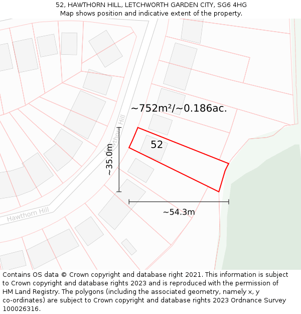 52, HAWTHORN HILL, LETCHWORTH GARDEN CITY, SG6 4HG: Plot and title map