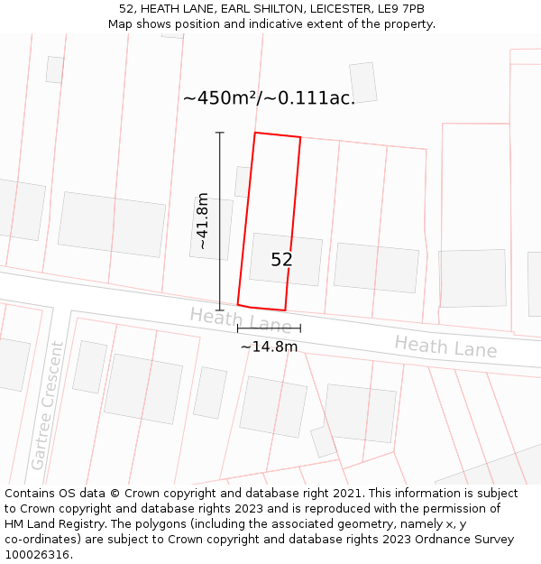 52, HEATH LANE, EARL SHILTON, LEICESTER, LE9 7PB: Plot and title map