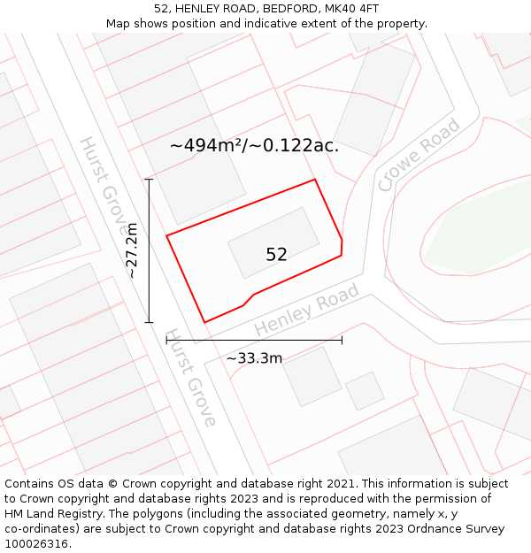 52, HENLEY ROAD, BEDFORD, MK40 4FT: Plot and title map