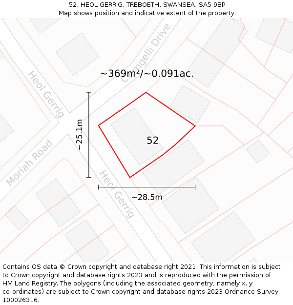 52, HEOL GERRIG, TREBOETH, SWANSEA, SA5 9BP: Plot and title map