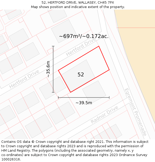 52, HERTFORD DRIVE, WALLASEY, CH45 7PX: Plot and title map