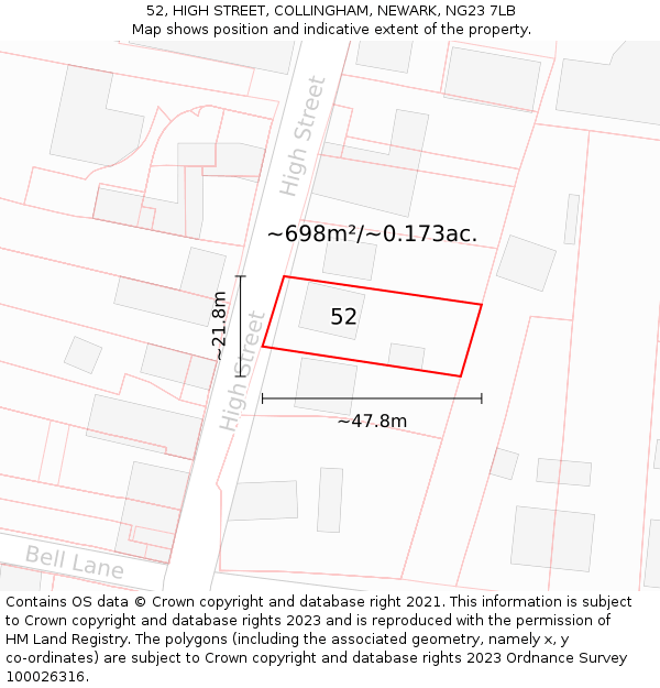 52, HIGH STREET, COLLINGHAM, NEWARK, NG23 7LB: Plot and title map