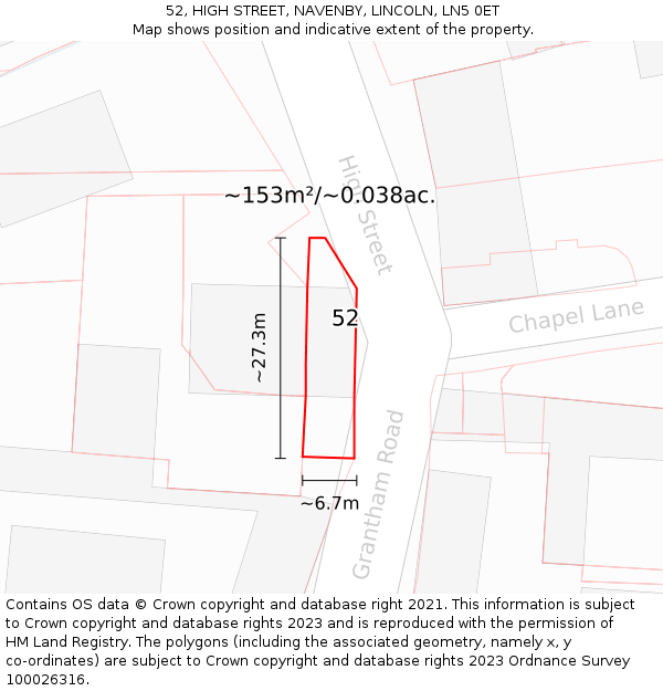 52, HIGH STREET, NAVENBY, LINCOLN, LN5 0ET: Plot and title map