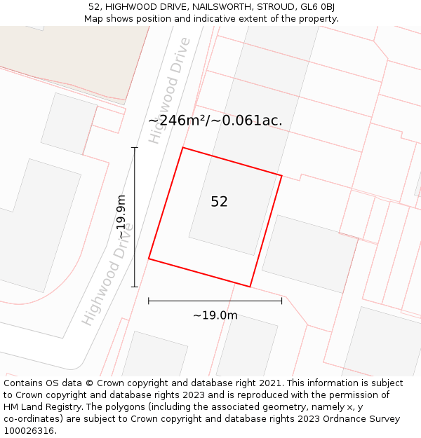 52, HIGHWOOD DRIVE, NAILSWORTH, STROUD, GL6 0BJ: Plot and title map