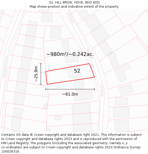 52, HILL BROW, HOVE, BN3 6DD: Plot and title map