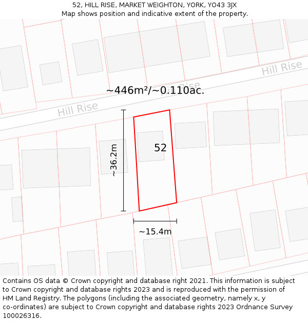 52, HILL RISE, MARKET WEIGHTON, YORK, YO43 3JX: Plot and title map