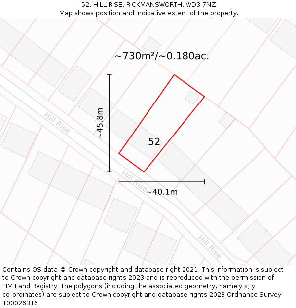 52, HILL RISE, RICKMANSWORTH, WD3 7NZ: Plot and title map