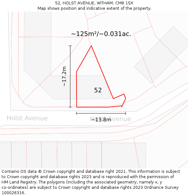 52, HOLST AVENUE, WITHAM, CM8 1SX: Plot and title map