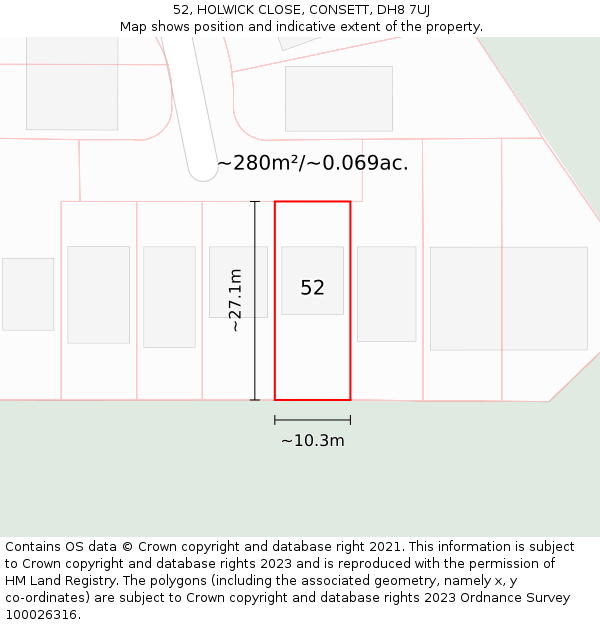 52, HOLWICK CLOSE, CONSETT, DH8 7UJ: Plot and title map