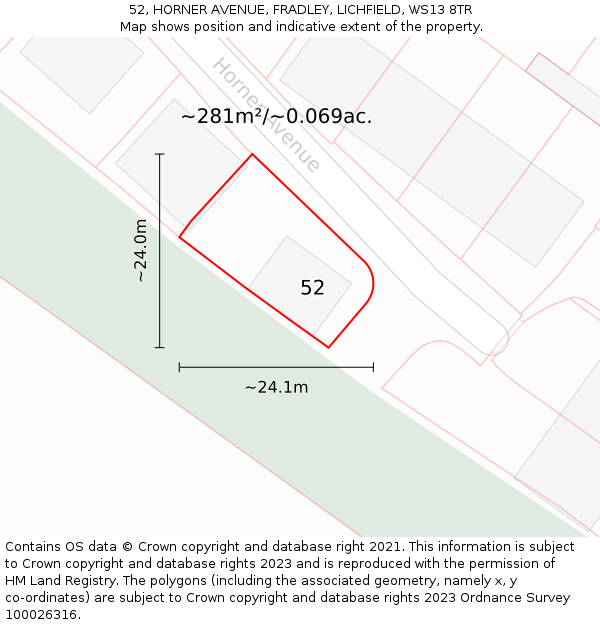 52, HORNER AVENUE, FRADLEY, LICHFIELD, WS13 8TR: Plot and title map