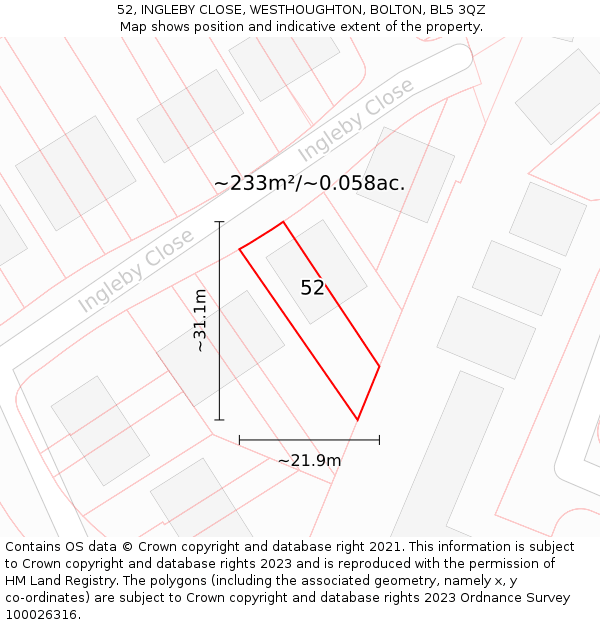 52, INGLEBY CLOSE, WESTHOUGHTON, BOLTON, BL5 3QZ: Plot and title map