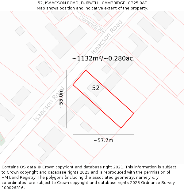 52, ISAACSON ROAD, BURWELL, CAMBRIDGE, CB25 0AF: Plot and title map