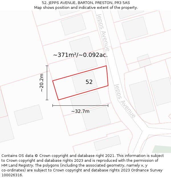 52, JEPPS AVENUE, BARTON, PRESTON, PR3 5AS: Plot and title map