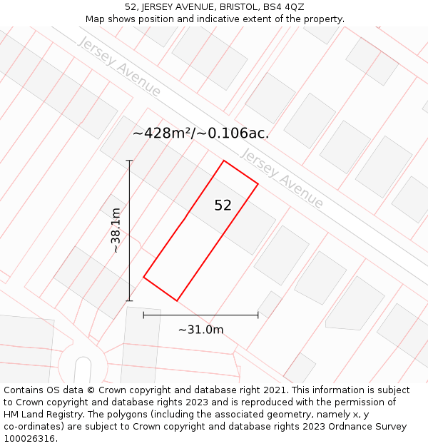 52, JERSEY AVENUE, BRISTOL, BS4 4QZ: Plot and title map