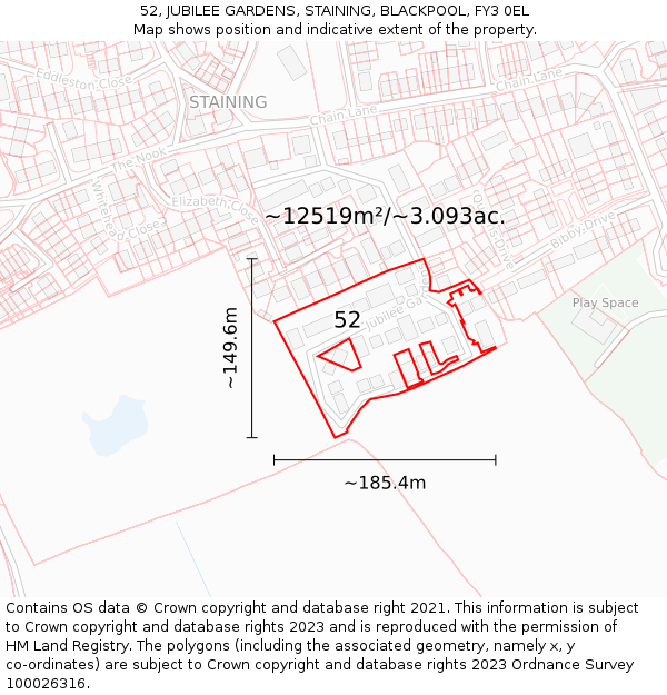 52, JUBILEE GARDENS, STAINING, BLACKPOOL, FY3 0EL: Plot and title map