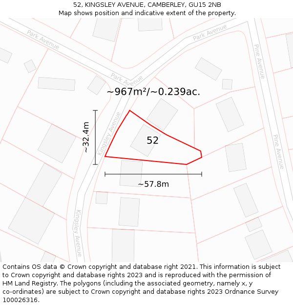 52, KINGSLEY AVENUE, CAMBERLEY, GU15 2NB: Plot and title map