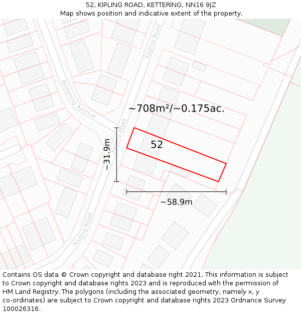 52, KIPLING ROAD, KETTERING, NN16 9JZ: Plot and title map