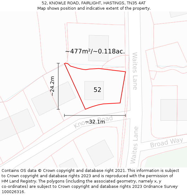 52, KNOWLE ROAD, FAIRLIGHT, HASTINGS, TN35 4AT: Plot and title map
