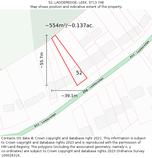 52, LADDEREDGE, LEEK, ST13 7AE: Plot and title map