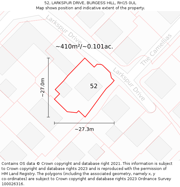 52, LARKSPUR DRIVE, BURGESS HILL, RH15 0UL: Plot and title map